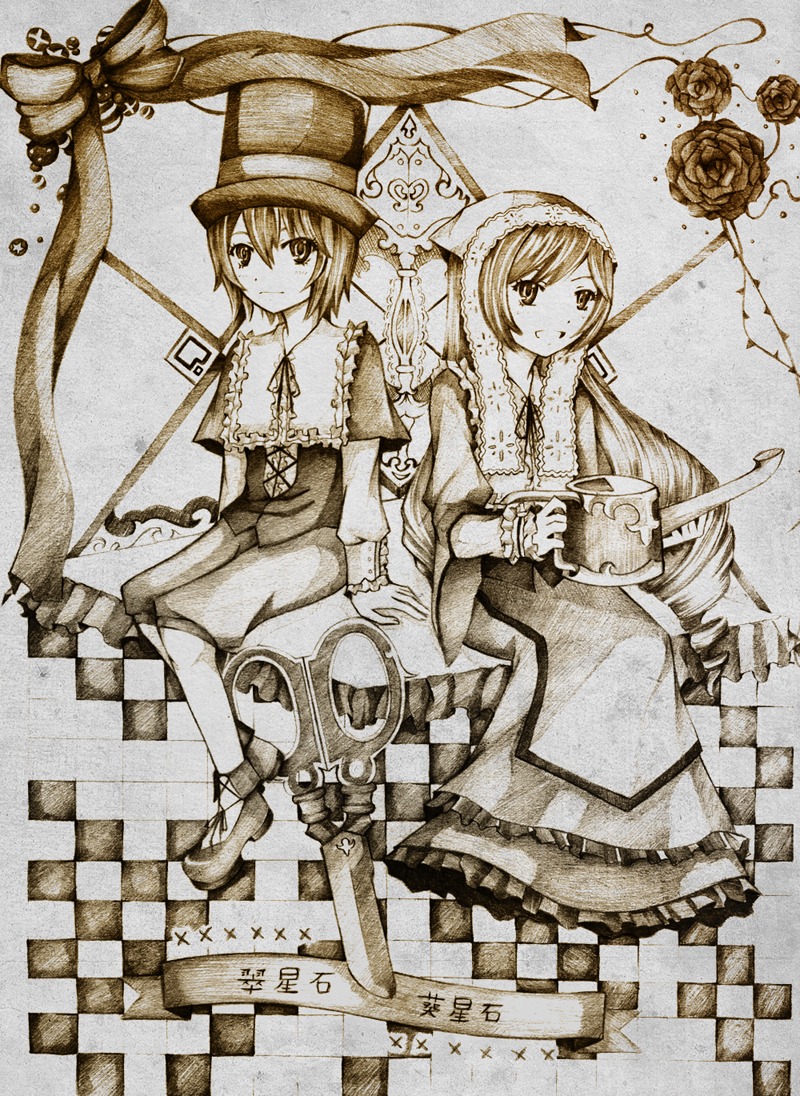 2girls argyle argyle_background argyle_legwear board_game checkered checkered_background checkered_floor chess_piece dress flower hat image long_hair monochrome multiple_girls pair perspective rose short_hair siblings sisters sitting souseiseki suiseiseki tile_floor tiles twins