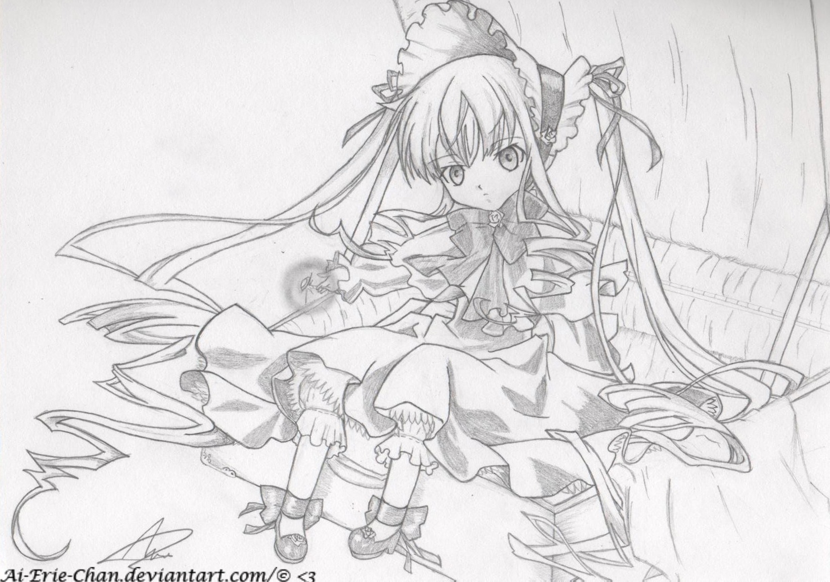 1girl bonnet bow bowtie dress frills full_body greyscale image long_hair long_sleeves looking_at_viewer monochrome shinku shoes simple_background solo traditional_media twintails very_long_hair
