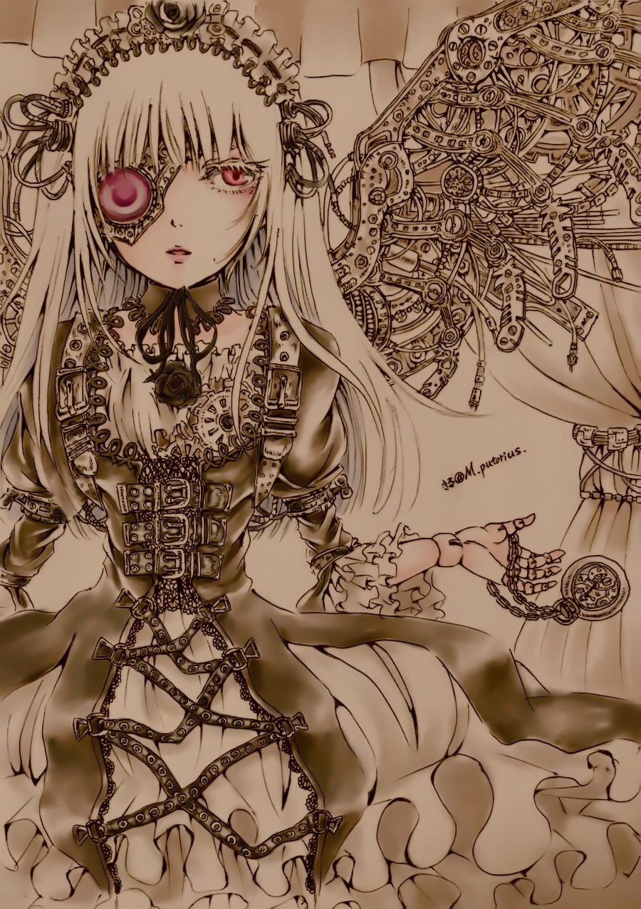 1girl chain doll_joints dress eyepatch flower frills gothic_lolita image joints lolita_fashion lolita_hairband long_hair red_eyes rose solo suigintou white_hair