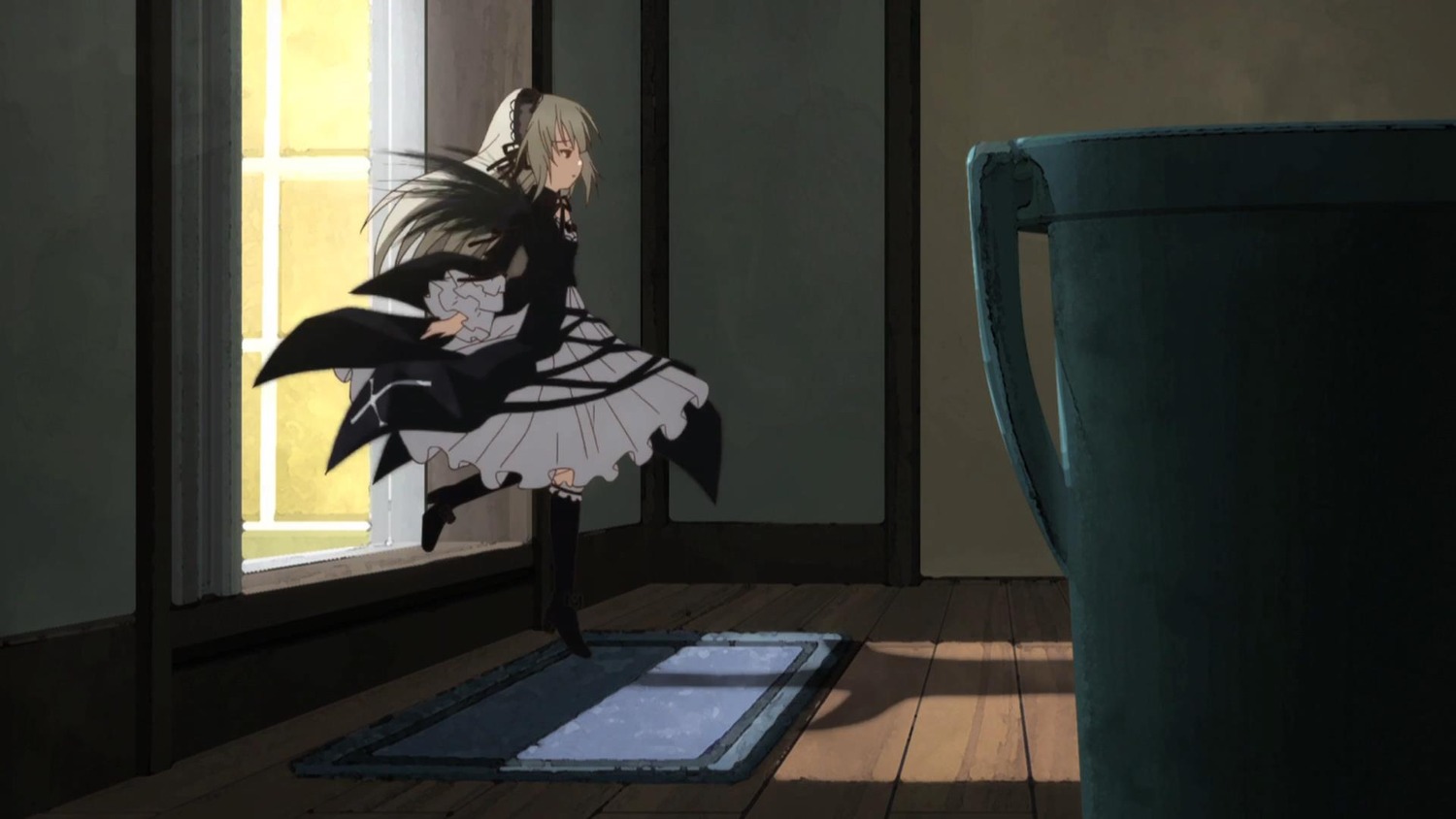 1girl black_dress black_footwear boots dress frilled_dress frills image indoors long_hair long_sleeves looking_at_viewer puffy_sleeves solo standing suigintou