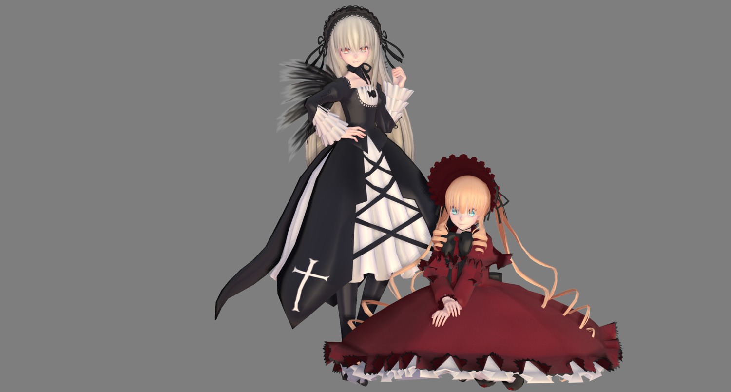 2girls 3girls black_wings blonde_hair dress frills hairband image long_hair long_sleeves multiple_girls pair red_dress red_eyes shinku silver_hair suigintou white_background wings