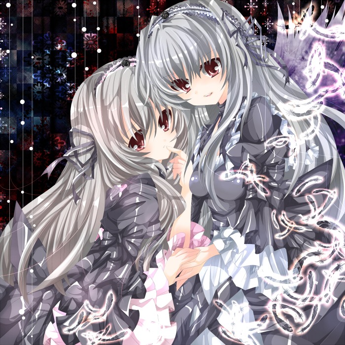 2girls bad_id bad_pixiv_id black_dress black_wings dress dual_persona feathers finger_to_mouth frills hairband holding_hands image long_hair long_sleeves looking_at_viewer multiple_girls nanase_nao red_eyes ribbon rose rozen_maiden silver_hair smile solo suigintou wings