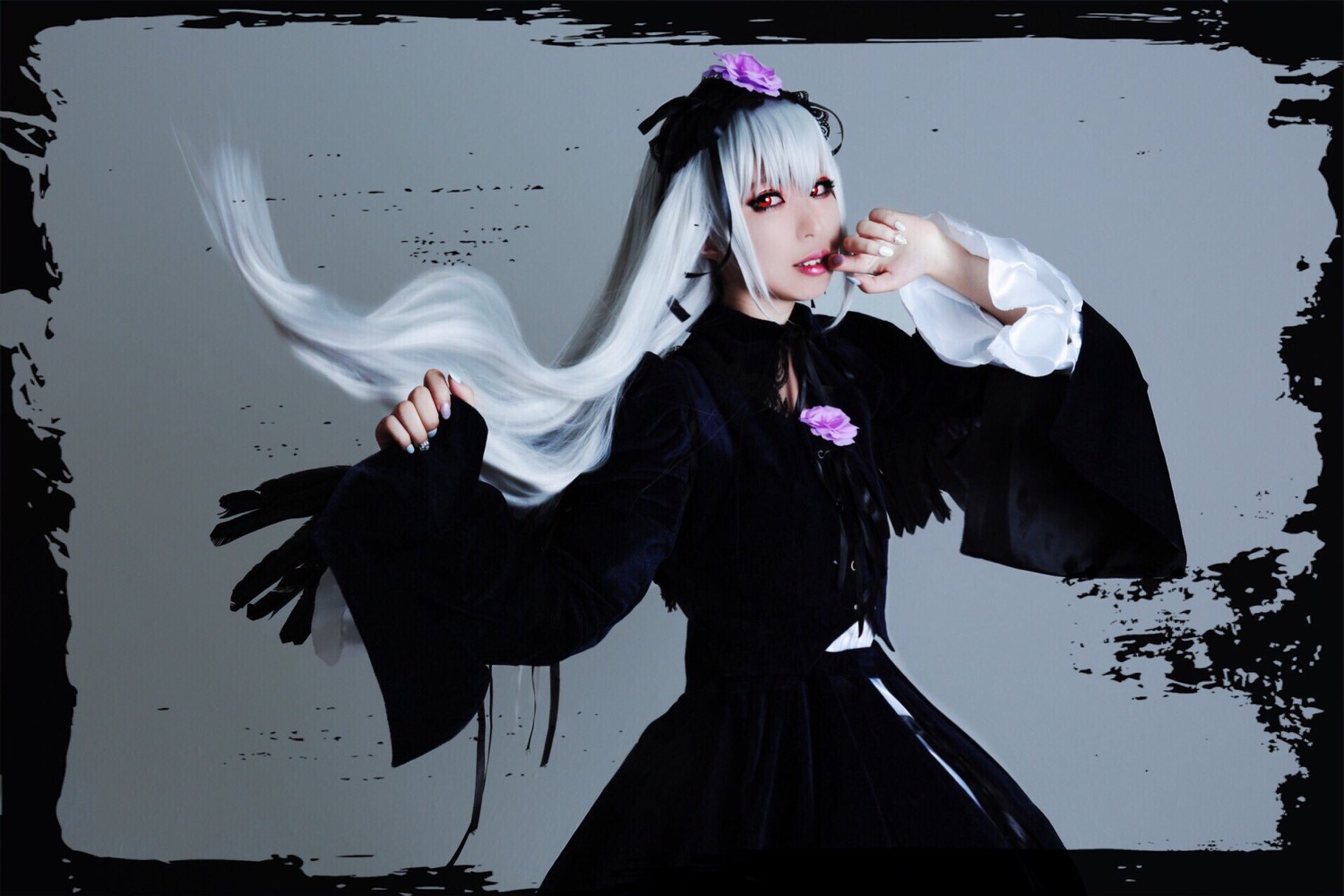 1girl black_dress cross dress flower gothic_lolita letterboxed long_hair long_sleeves nail_polish purple_flower red_eyes rose solo suigintou very_long_hair white_hair