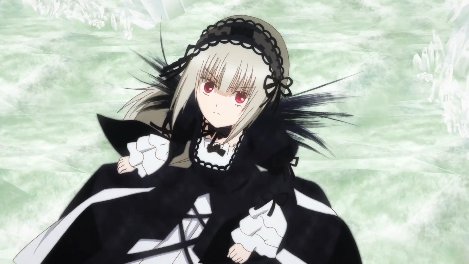 1girl bangs black_dress black_ribbon closed_mouth dress eyebrows_visible_through_hair frills hairband image long_hair long_sleeves looking_at_viewer red_eyes ribbon silver_hair solo suigintou