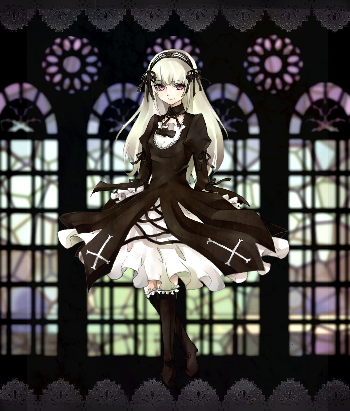 1girl black_dress blurry blurry_background boots depth_of_field dress frills full_body gothic_lolita hairband image lolita_fashion lolita_hairband long_hair long_sleeves looking_at_viewer silver_hair solo standing suigintou wings