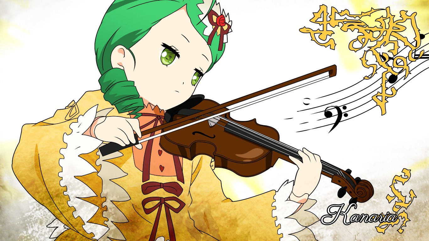 1girl bow_(instrument) dress drill_hair eighth_note flower frilled_sleeves green_eyes green_hair guitar hair_ornament holding_instrument image instrument kanaria long_sleeves music musical_note playing_instrument ribbon solo twin_drills upper_body violin