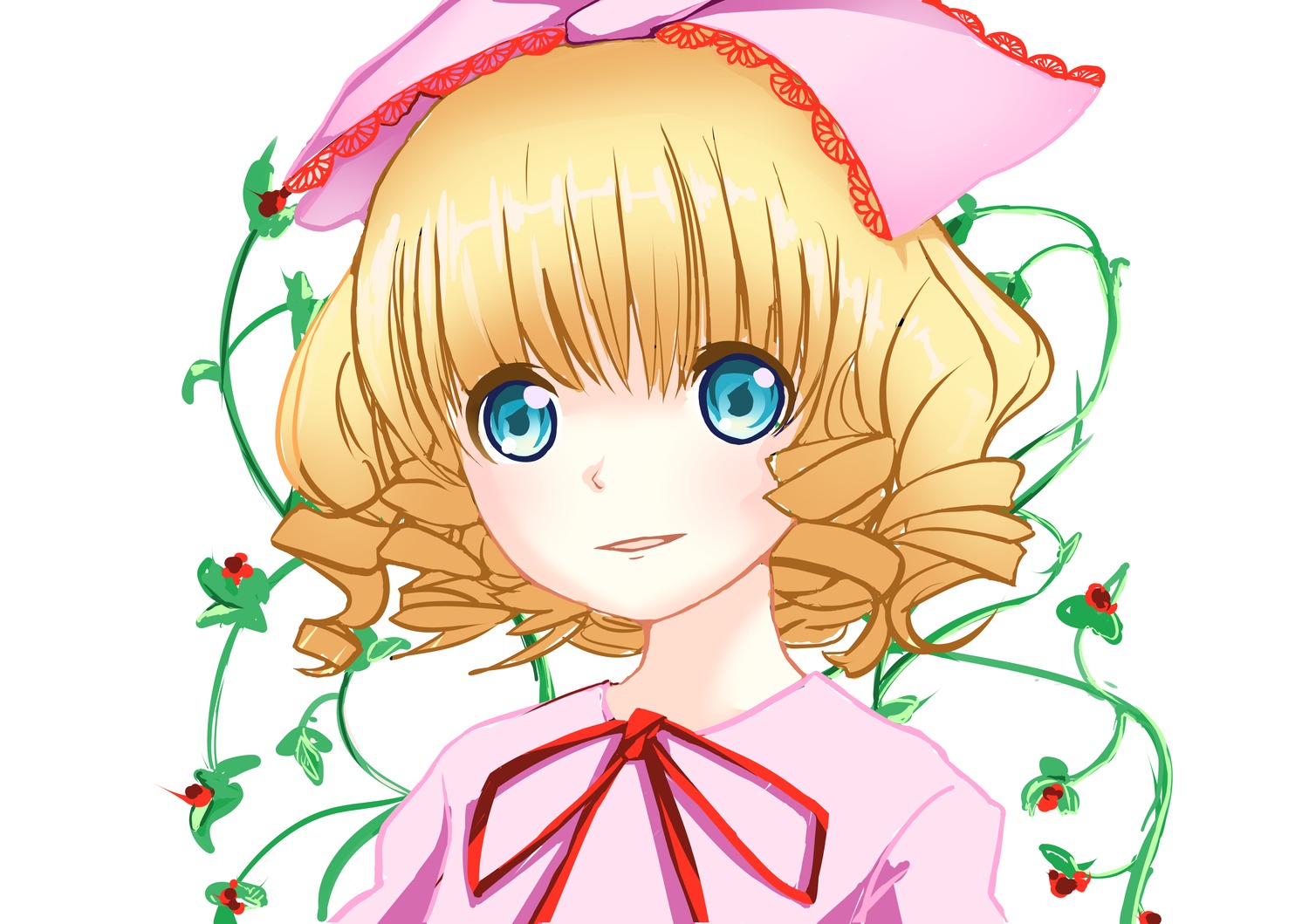 1girl bangs blonde_hair blue_eyes flower fruit hat hina_ichigo hinaichigo image leaf looking_at_viewer neck_ribbon plant ribbon short_hair simple_background smile solo strawberry upper_body vines white_background