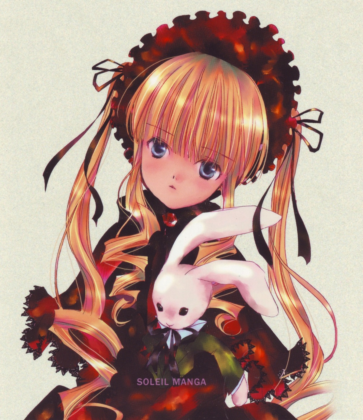 1girl blonde_hair blue_eyes blush bonnet bow drill_hair image lolita_fashion long_hair long_sleeves looking_at_viewer red_dress shinku solo twin_drills twintails