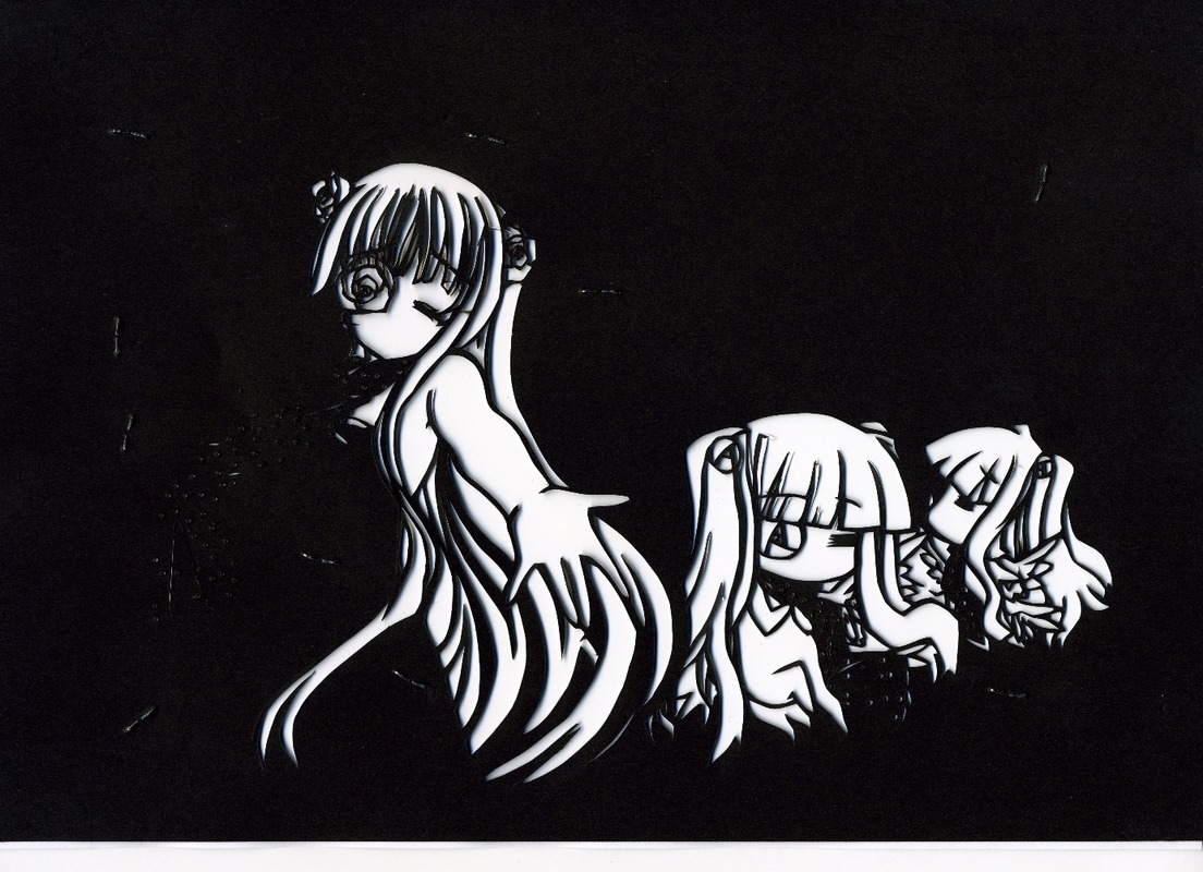 3girls black_background closed_eyes dress greyscale hair_ornament image kirakishou long_hair looking_at_viewer monochrome multiple_girls one_eye_closed simple_background solo twintails very_long_hair