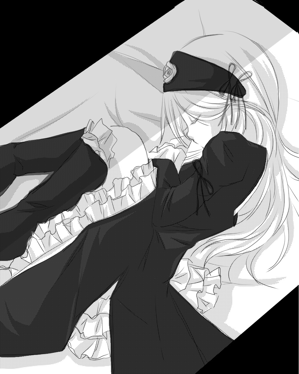 1girl closed_eyes dress fetal_position frills greyscale hat image letterboxed long_hair long_sleeves lying monochrome on_side solo suigintou yagokoro_eirin