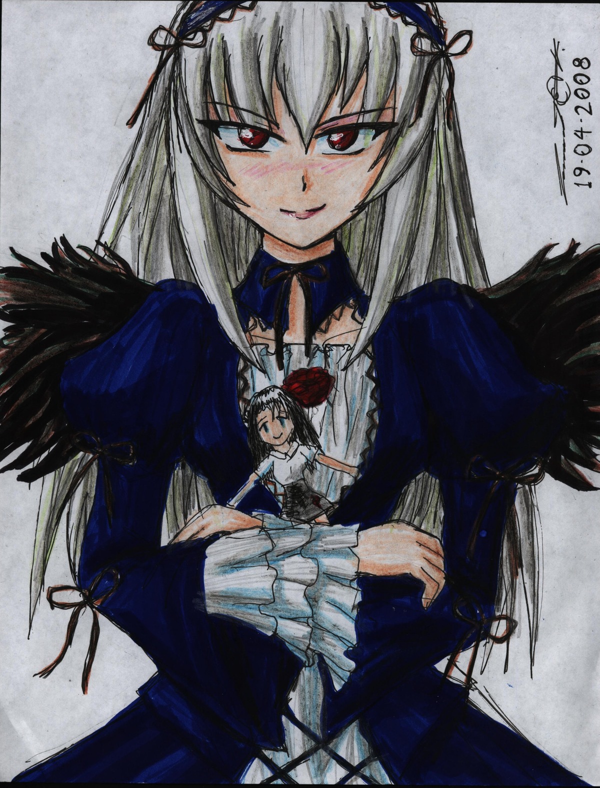 1girl black_wings dress frills hairband image lolita_hairband long_hair long_sleeves looking_at_viewer red_eyes rose silver_hair solo suigintou wings