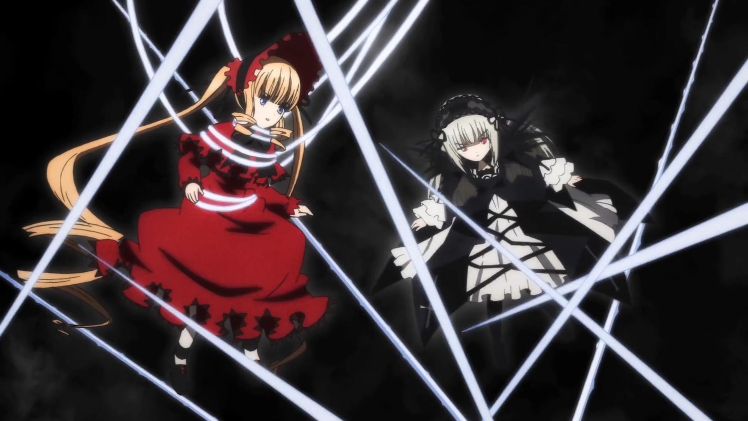 2girls blonde_hair blue_eyes bow dress flower hairband image long_hair long_sleeves multiple_girls pair red_dress red_eyes ribbon shinku silver_hair suigintou weapon wings