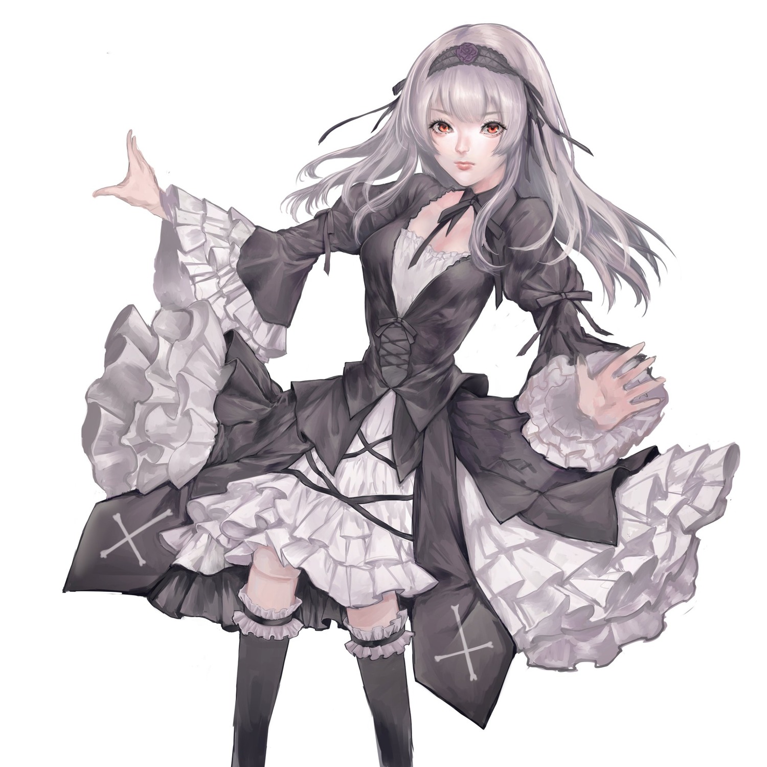 1girl black_legwear dress frilled_sleeves frills gothic_lolita hairband image lolita_fashion long_hair long_sleeves looking_at_viewer red_eyes ribbon silver_hair solo suigintou thighhighs white_background