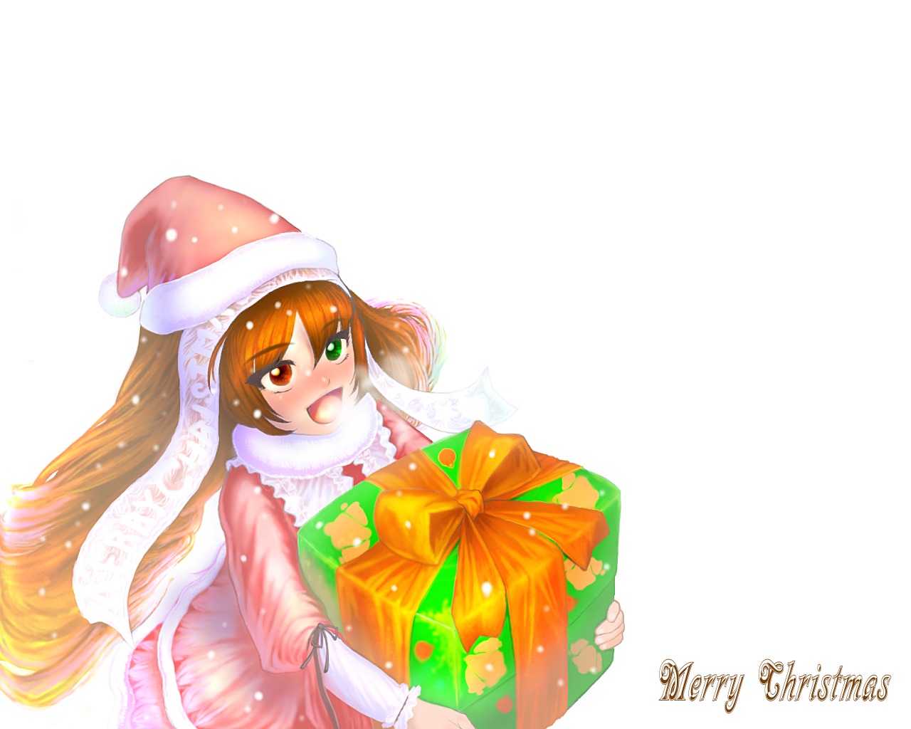 1girl blush brown_hair christmas gift green_eyes hat heterochromia image long_hair long_sleeves open_mouth red_eyes smile solo suiseiseki