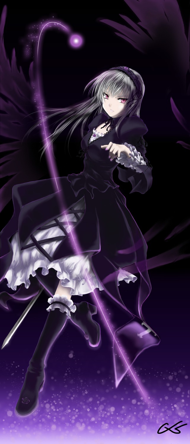 1girl black_wings boots dress feathers frills full_body hairband image long_hair long_sleeves looking_at_viewer silver_hair solo suigintou wings