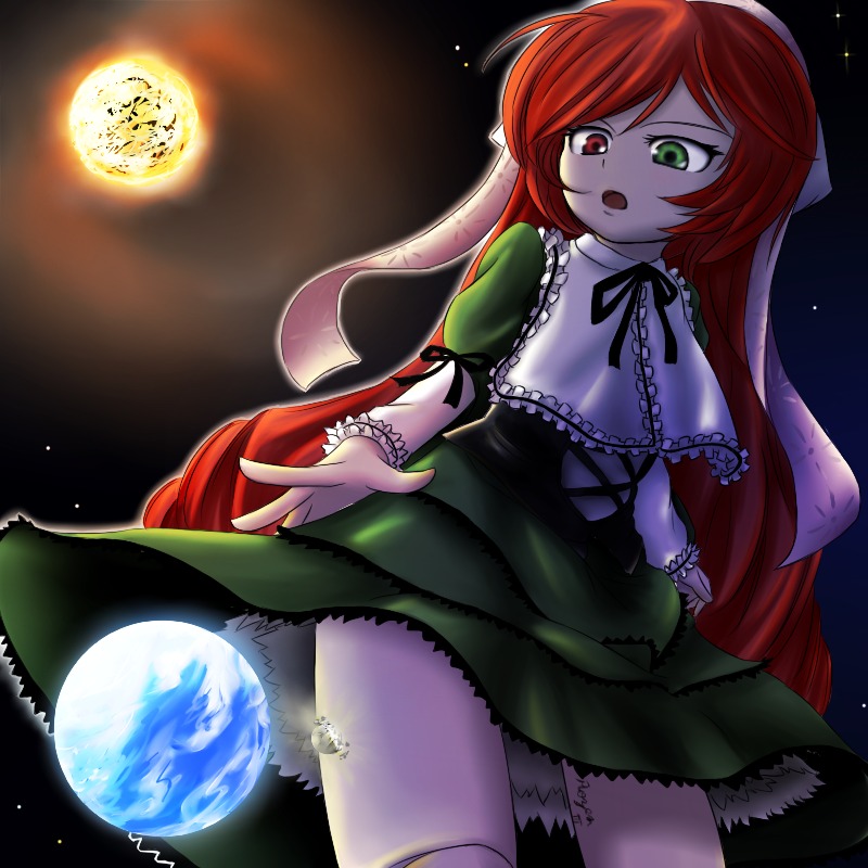 1girl dress full_moon green_eyes heterochromia image long_hair moon open_mouth red_eyes red_hair solo suiseiseki thighhighs very_long_hair