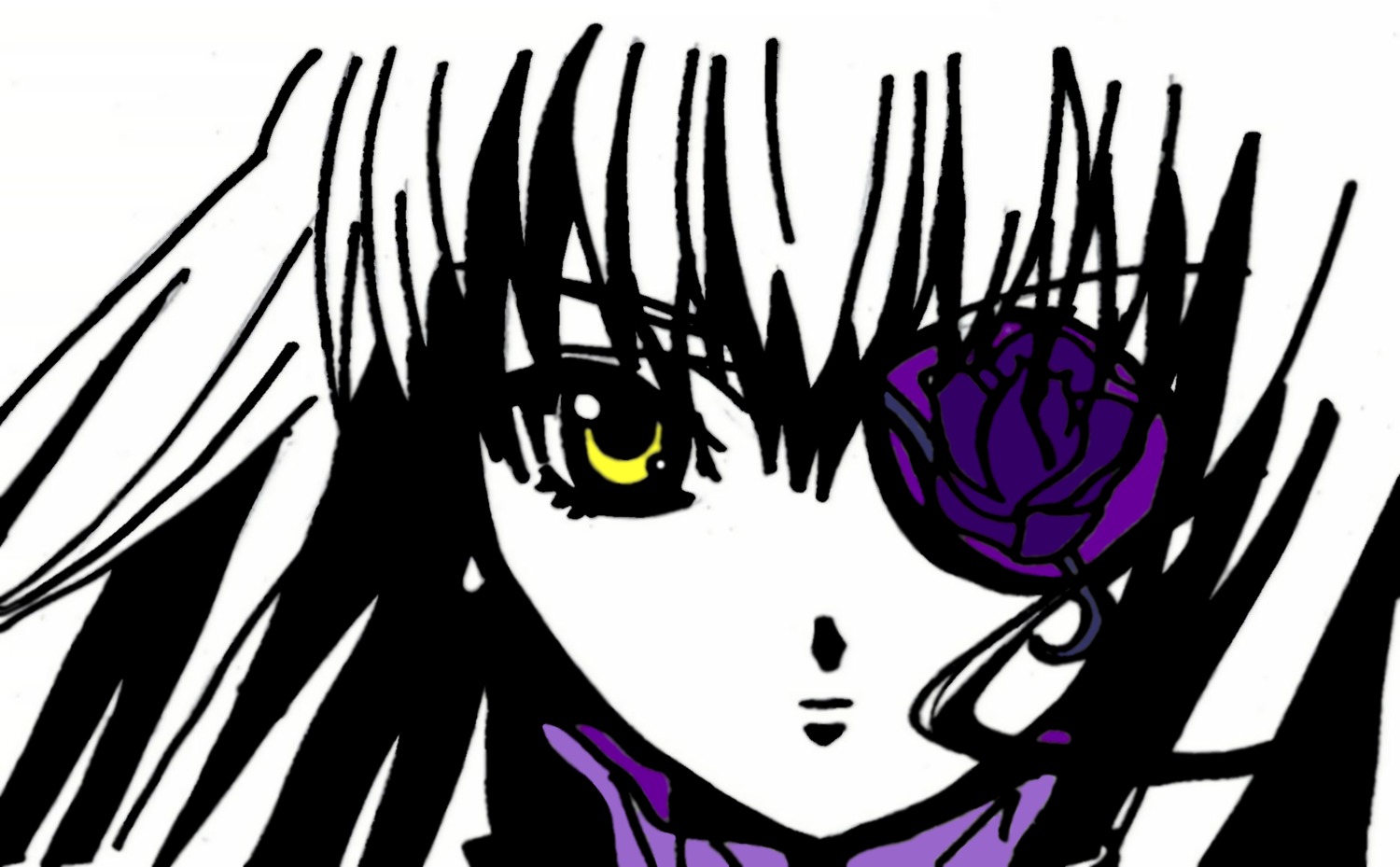 1girl akemi_homura barasuishou black_hair blush flower image long_hair looking_at_viewer monochrome rose simple_background solo white_background yellow_eyes