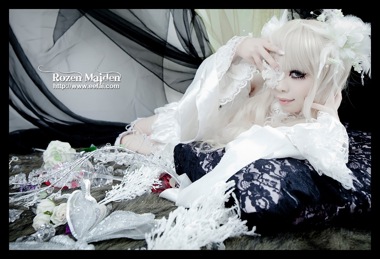 1girl black_border dress flower kirakishou lace letterboxed lips long_hair makeup pillarboxed skeleton solo white_hair white_theme