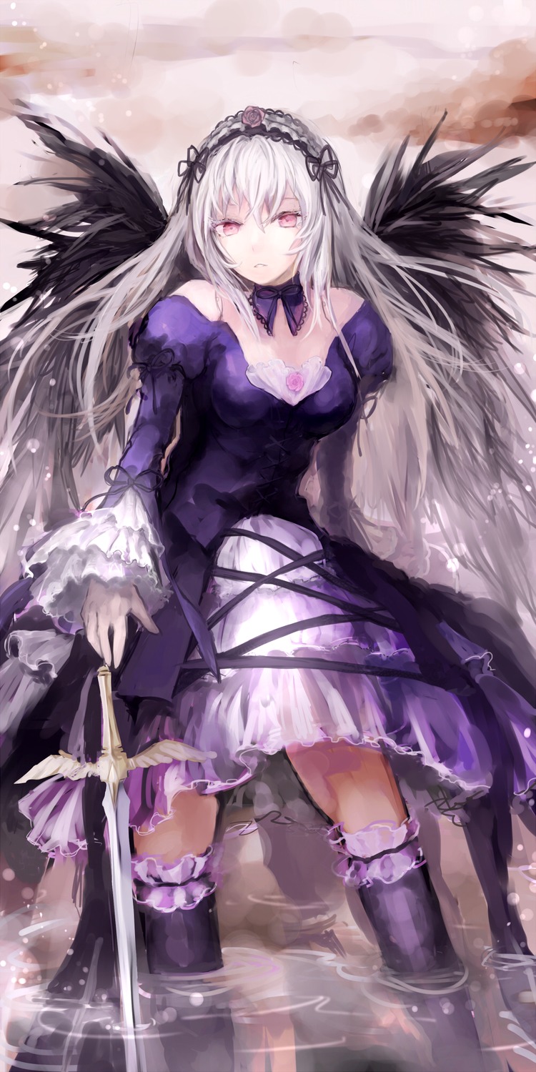 1girl black_wings breasts commentary_request detached_collar dress flower frills gathers hairband highres image long_hair long_sleeves looking_at_viewer medium_breasts nekomichi purple_dress red_eyes rozen_maiden silver_hair solo suigintou sword thighhighs wading water weapon white_hair wings