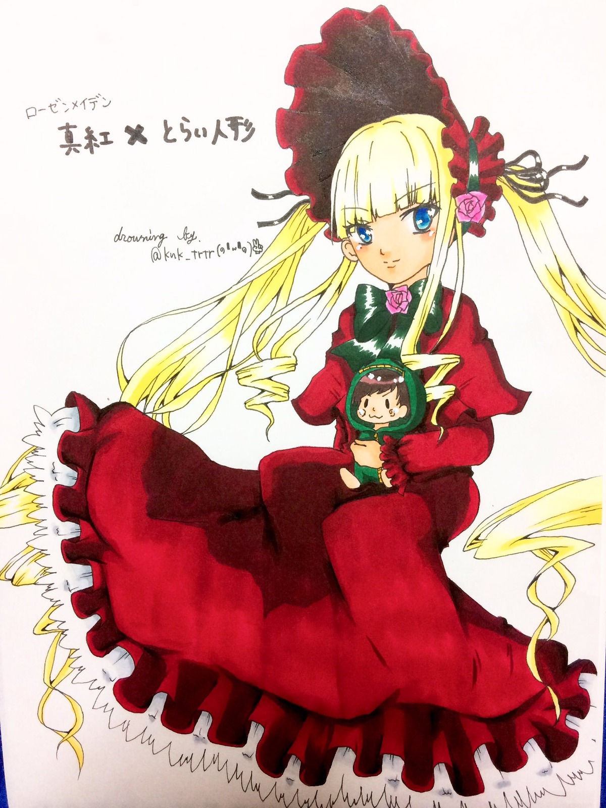 1girl blonde_hair blue_eyes bonnet bow dress drill_hair flower frills image long_hair long_sleeves looking_at_viewer red_dress rose shinku solo twintails very_long_hair