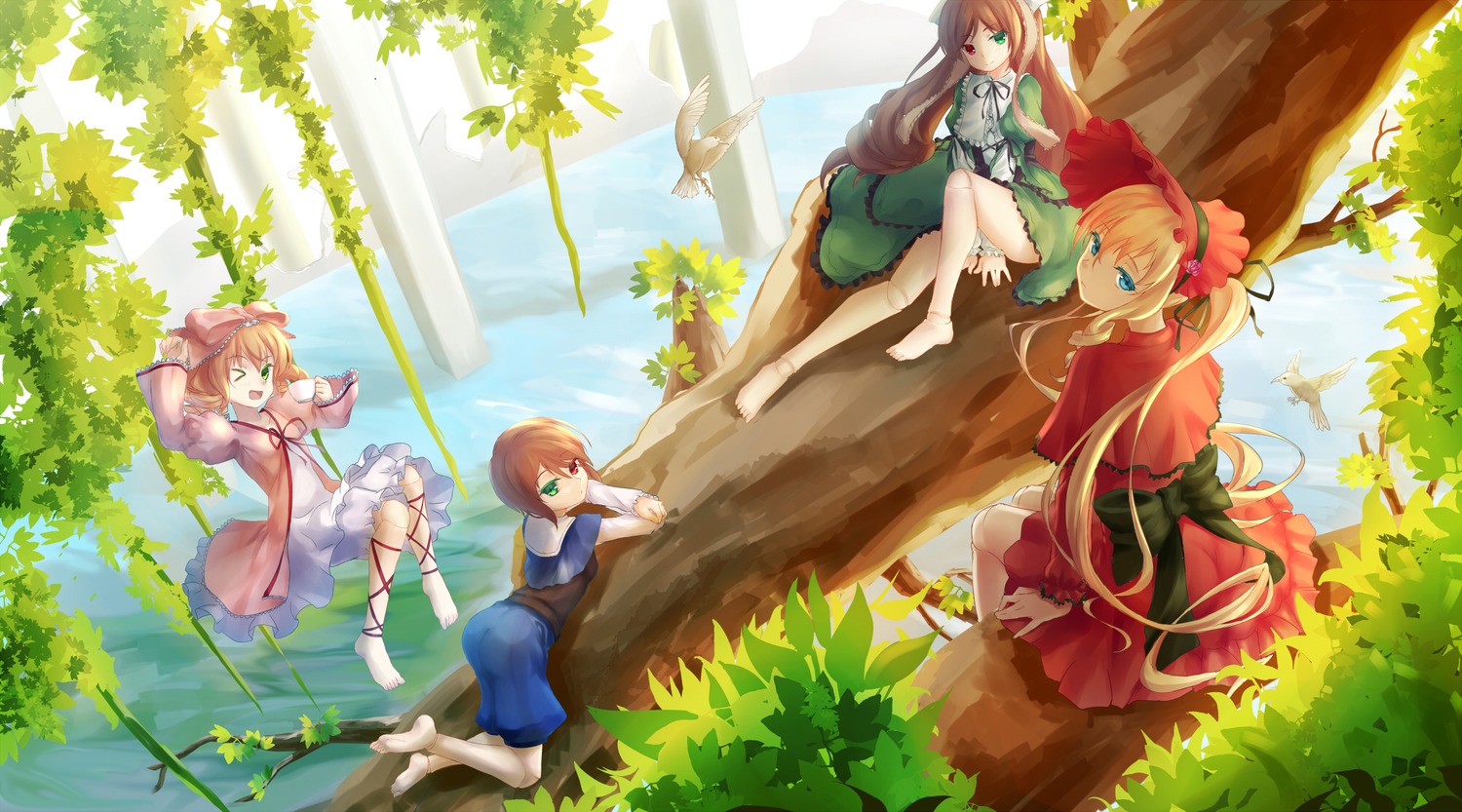 4girls barefoot blonde_hair blue_dress blue_eyes blush bow brown_hair commentary_request cup doll_joints dress drill_hair frills green_eyes hairband heterochromia highres hina_ichigo image joints leaf long_hair long_sleeves looking_at_viewer looking_back multiple multiple_girls one_eye_closed pink_bow red_eyes rozen_maiden shinku short_hair sitting smile souseiseki suiseiseki tagme teacup tree very_long_hair zi_se