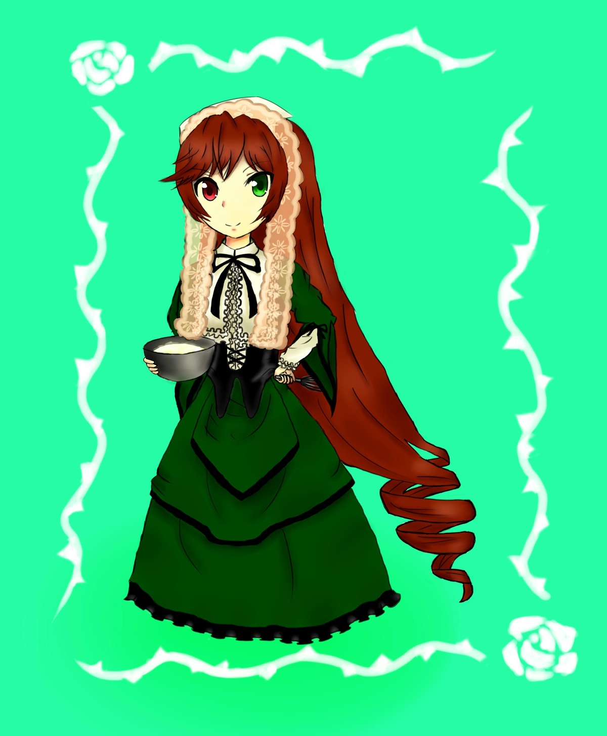 1girl black_ribbon brown_hair crossed_arms dress drill_hair frills green_dress green_eyes heterochromia image long_hair long_sleeves looking_at_viewer red_eyes ribbon simple_background solo standing suiseiseki very_long_hair watering_can