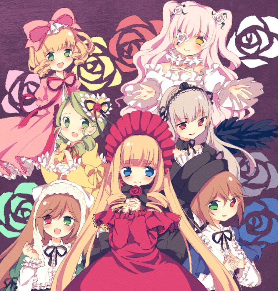 6+girls :d blonde_hair blue_eyes blush bonnet bow brown_hair dress drill_hair everyone eyepatch flower frills green_eyes green_hair hairband hat head_scarf heterochromia hina_ichigo image kanaria long_hair long_sleeves looking_at_viewer multiple multiple_girls open_mouth pink_bow pink_hair red_eyes rose shinku short_hair siblings silver_hair sisters smile souseiseki suigintou suiseiseki tagme twins twintails very_long_hair wings