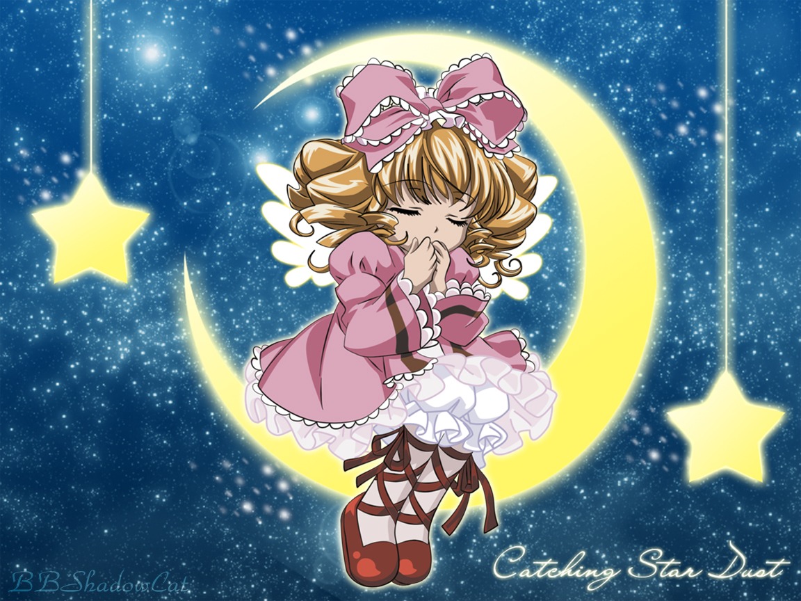 1girl artist_name blonde_hair bow closed_eyes covering_mouth crescent_moon dress drill_hair earth full_moon hina_ichigo moon night night_sky ribbon shooting_star short_hair sky solo space star_(sky) star_(symbol) starry_sky tanabata twin_drills wings