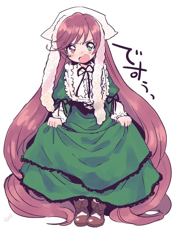 1girl :o absurdly_long_hair amezawa_koma blush brown_hair commentary_request dress frills full_body green_dress green_eyes hat heterochromia image long_hair long_sleeves looking_at_viewer open_mouth red_eyes rozen_maiden solo suiseiseki v-shaped_eyebrows very_long_hair white_background