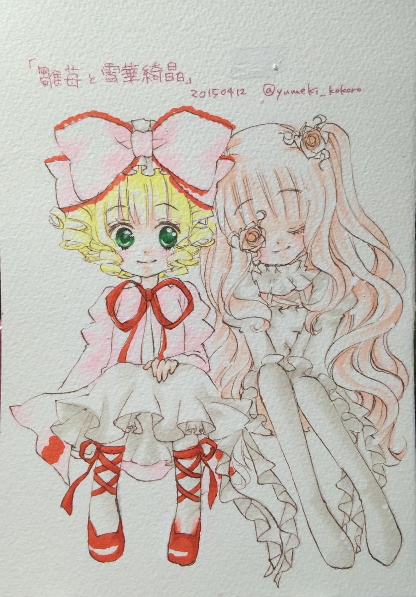 2girls blonde_hair bow closed_eyes dress flower frills hair_flower hair_ornament hina_ichigo hinaichigo image kirakishou long_hair multiple_girls pair pink_bow ribbon short_hair smile traditional_media watercolor_(medium)