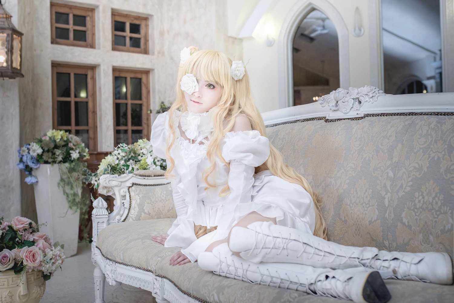 1girl blonde_hair boots bouquet dress eyepatch flower hair_ornament indoors kirakishou long_hair pink_rose rose sitting solo very_long_hair white_dress white_flower white_footwear white_rose window yellow_eyes