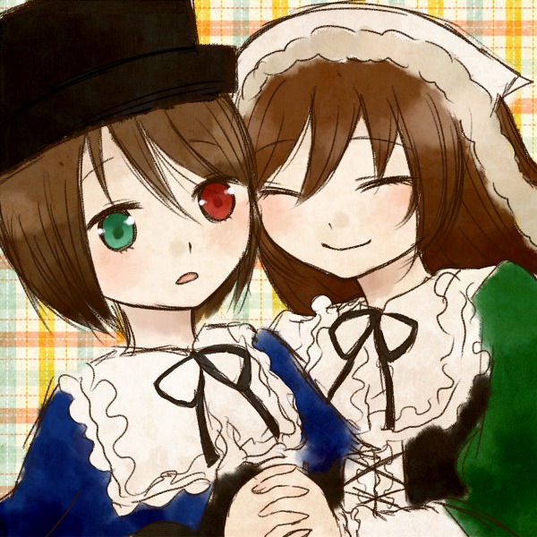 2girls brown_hair checkered_background closed_eyes dress frills green_dress green_eyes hat head_scarf heterochromia holding_hands image long_hair long_sleeves multiple_girls pair plaid_background red_eyes ribbon short_hair siblings sisters smile souseiseki suiseiseki twins