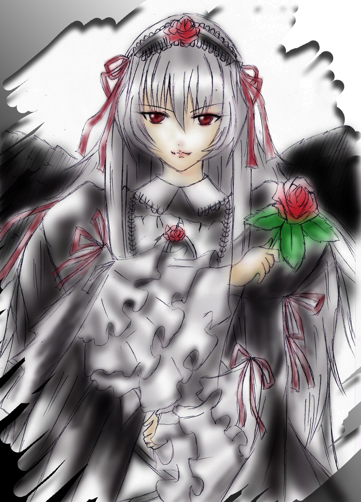 1girl black_wings dress flower frills hairband image long_hair long_sleeves looking_at_viewer red_eyes red_flower red_rose rose silver_hair solo suigintou wings