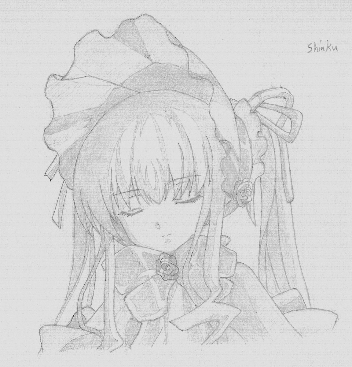 1girl closed_eyes dress flower image long_hair monochrome ribbon rose shinku simple_background solo traditional_media