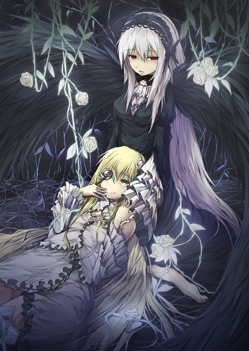 2girls black_wings blonde_hair doll_joints dress feathers flower frills hairband image joints kirakishou lolita_fashion lolita_hairband long_hair long_sleeves looking_at_viewer multiple_girls pair red_eyes rose silver_hair sitting suigintou very_long_hair white_dress white_flower white_rose wide_sleeves wings yellow_eyes