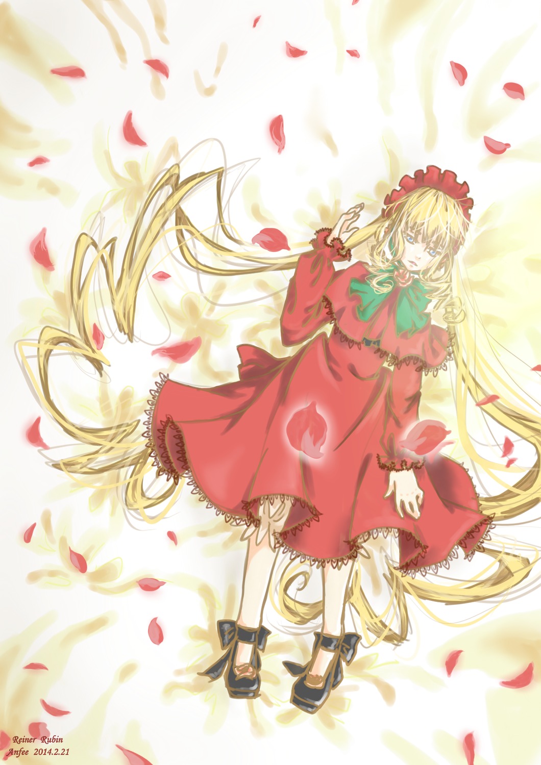 1girl absurdly_long_hair blonde_hair blue_eyes bow dress flower image long_hair lying on_back petals rose rose_petals shinku solo twintails very_long_hair