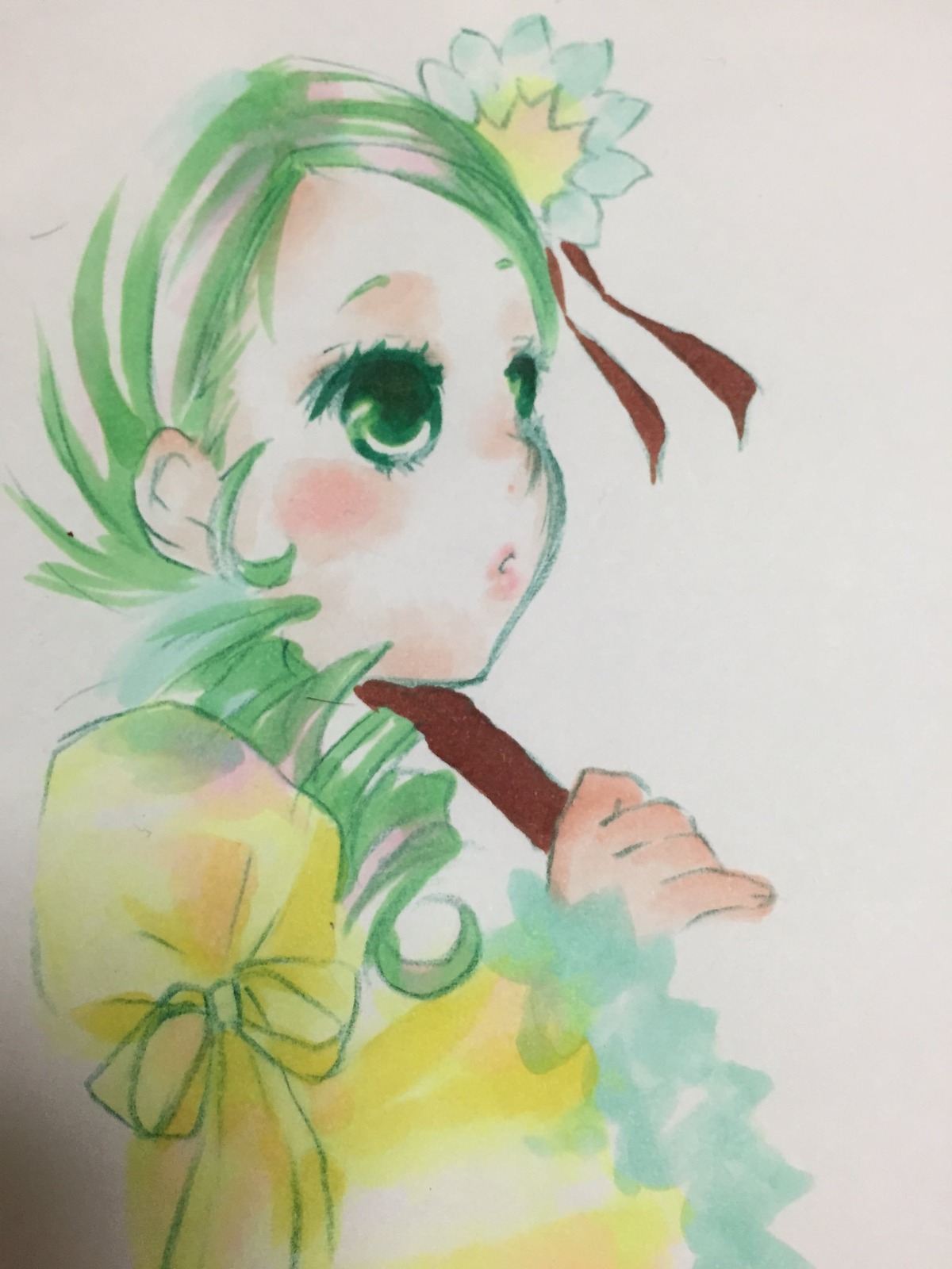 1girl blush bow drill_hair flower green_eyes green_hair image kanaria long_sleeves looking_at_viewer ribbon simple_background solo traditional_media twin_drills upper_body