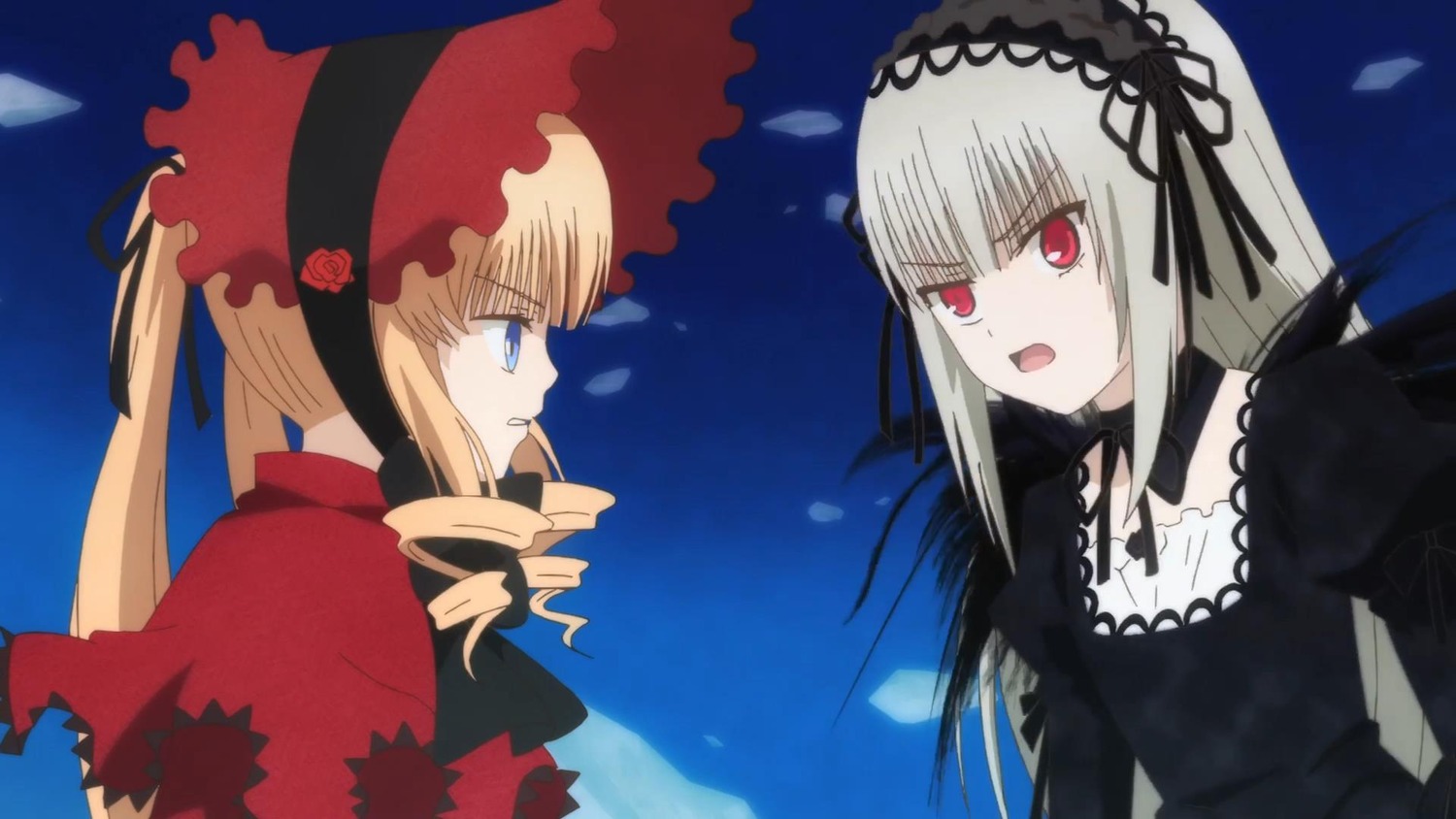 2girls black_wings blonde_hair blue_eyes bonnet dress drill_hair flower hairband image lolita_hairband long_hair long_sleeves multiple_girls open_mouth pair red_eyes rose shinku silver_hair suigintou twintails