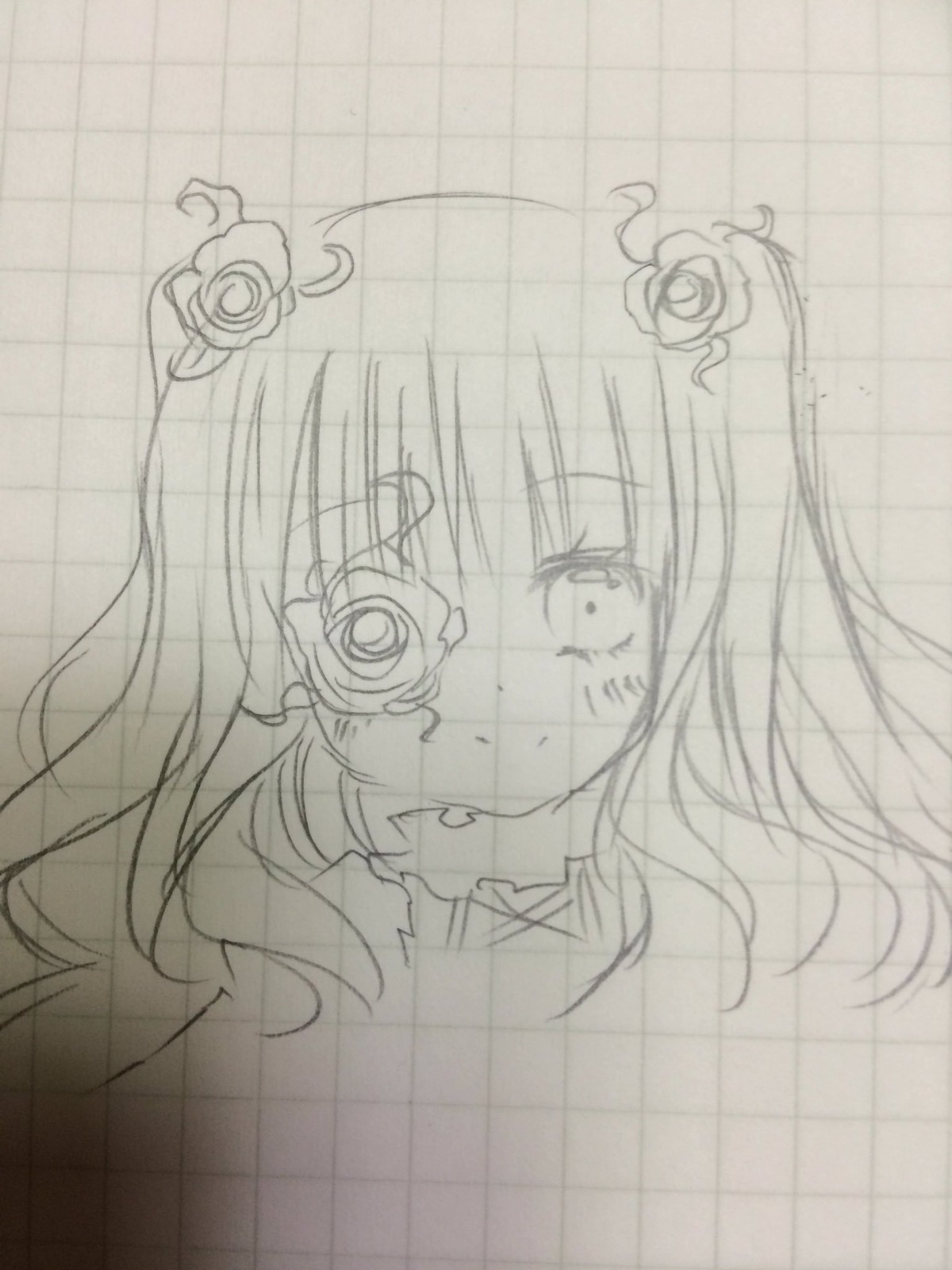 1girl bandaid checkered_background crying_with_eyes_open flower greyscale hair_flower hair_ornament image kirakishou monochrome sketch solo tears tiles traditional_media