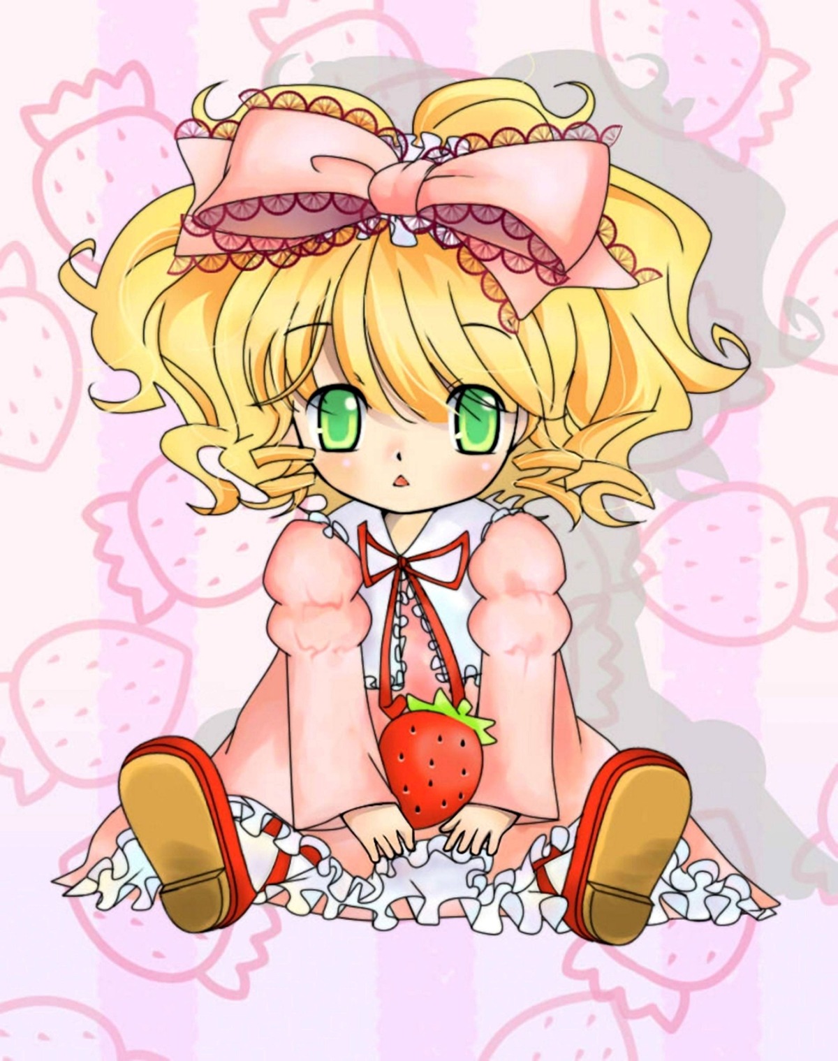 1girl apple blonde_hair bow dress food frills fruit full_body green_eyes hair_bow hina_ichigo hinaichigo image long_sleeves pink_bow pink_dress short_hair sitting solo strawberry