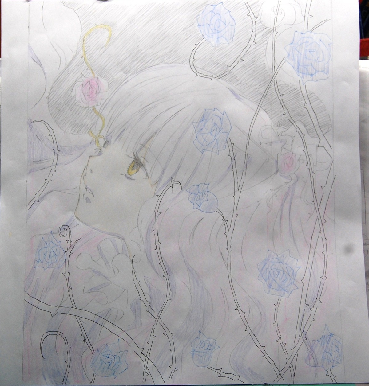 1girl bangs blue_flower blue_rose choker flower hair_flower hair_ornament image jewelry kirakishou lace long_hair necklace portrait profile rose sketch solo traditional_media yellow_eyes