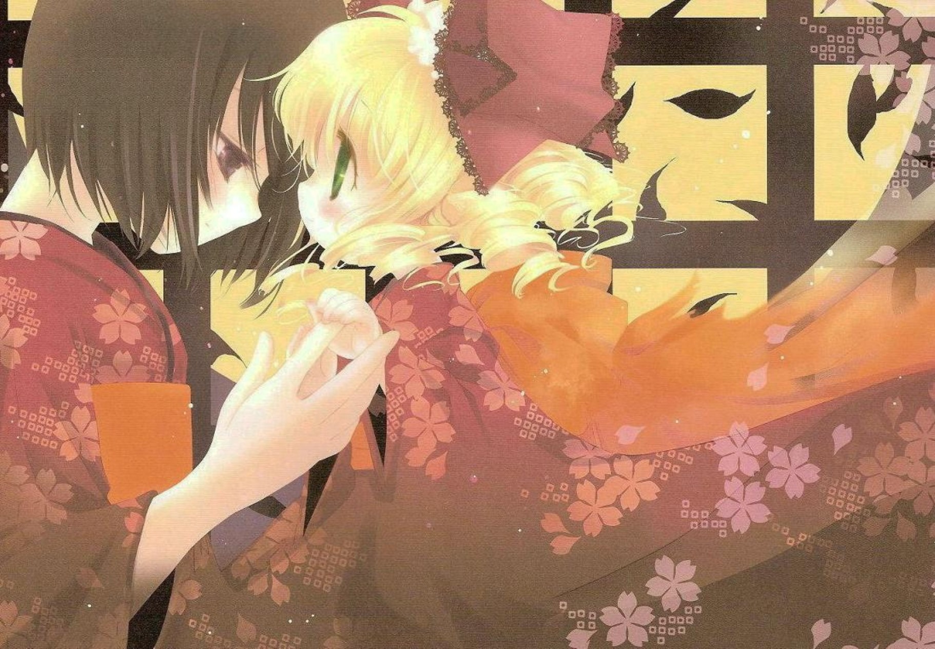 2girls black_hair blonde_hair floral_print hinaichigo image japanese_clothes kashiwaba_tomoe kimono long_sleeves looking_at_another multiple_girls petals profile short_hair siblings solo