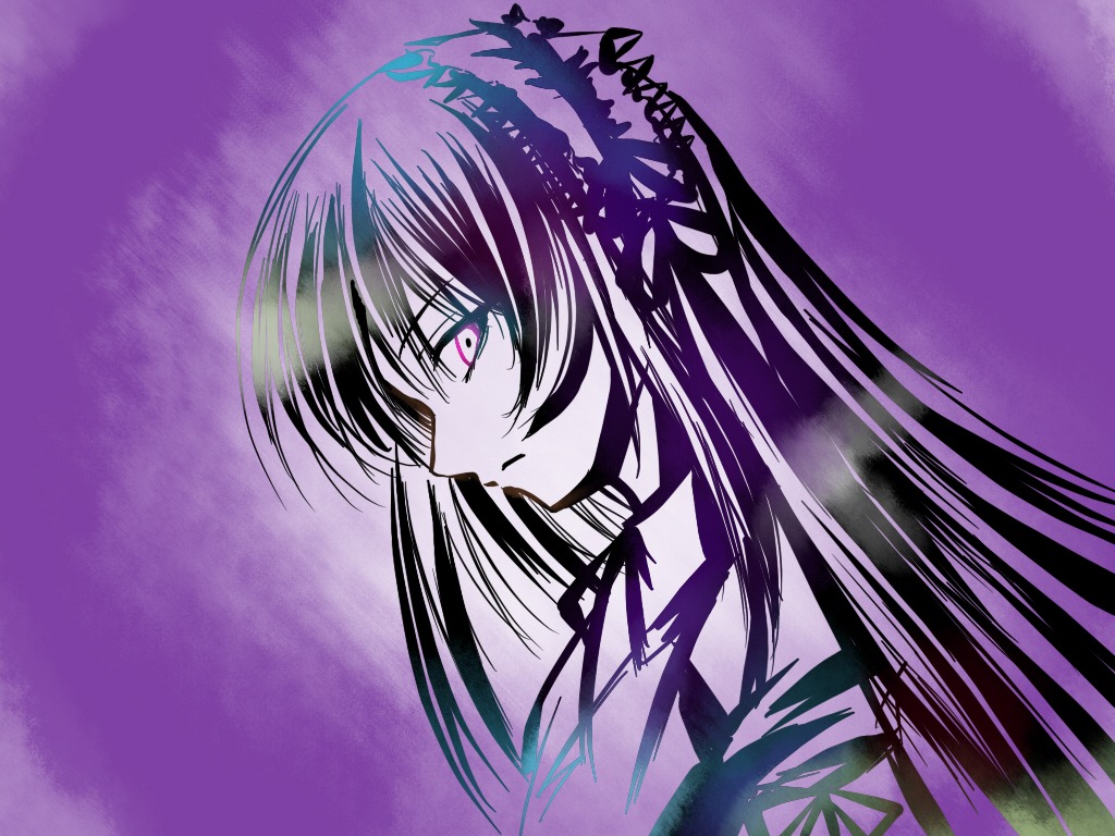 1girl auto_tagged bangs gradient gradient_background image long_hair monochrome profile purple_background purple_theme solo suigintou upper_body