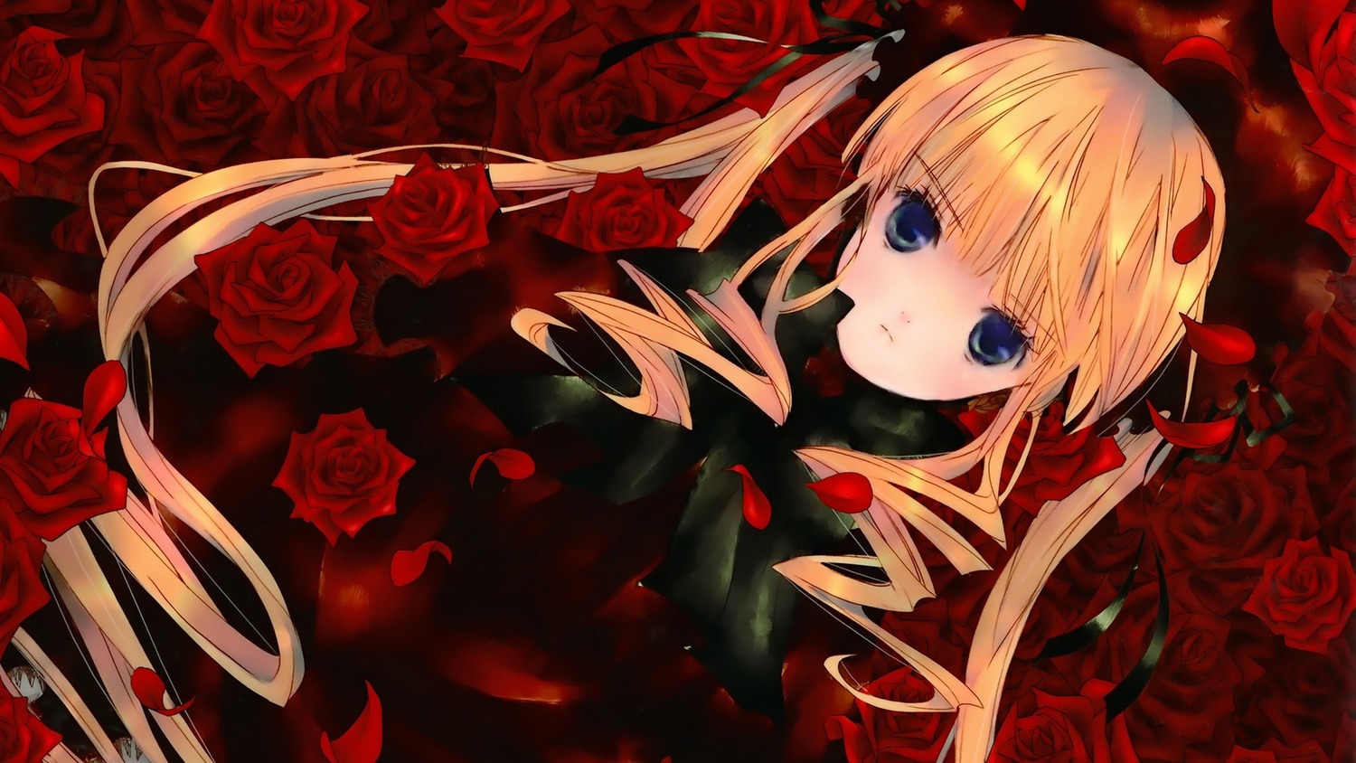 1girl blonde_hair blue_eyes drill_hair flower image long_hair petals pink_rose red_flower red_rose rose rose_petals shinku solo thorns twin_drills twintails