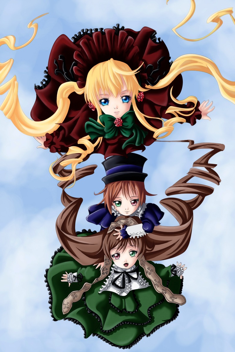 3girls blonde_hair blue_eyes bow brown_hair dress drill_hair frills hat image long_hair long_sleeves looking_at_viewer multiple multiple_girls pink_bow red_dress red_eyes shinku suiseiseki tagme twin_drills twintails very_long_hair