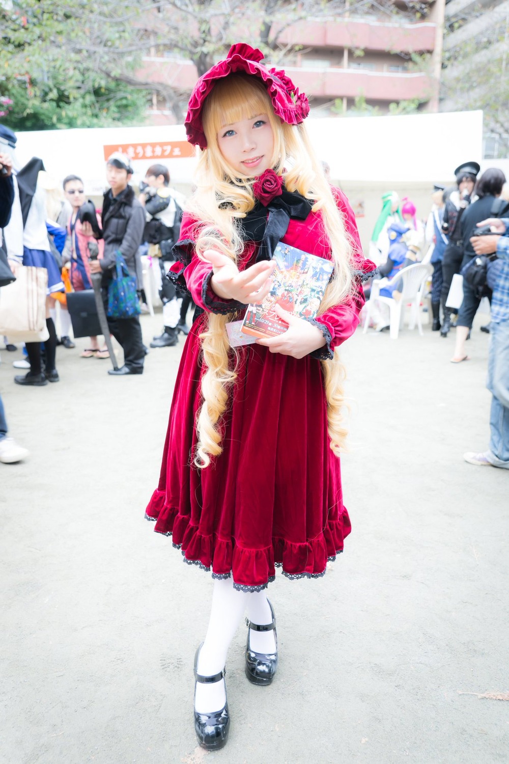 1girl blonde_hair blurry dress flower hat photo rose shinku solo