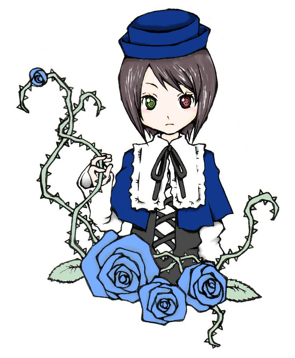 1girl blue_flower blue_rose flower green_eyes hat heterochromia image long_sleeves looking_at_viewer plant red_eyes ribbon rose short_hair solo souseiseki thorns top_hat vines white_background