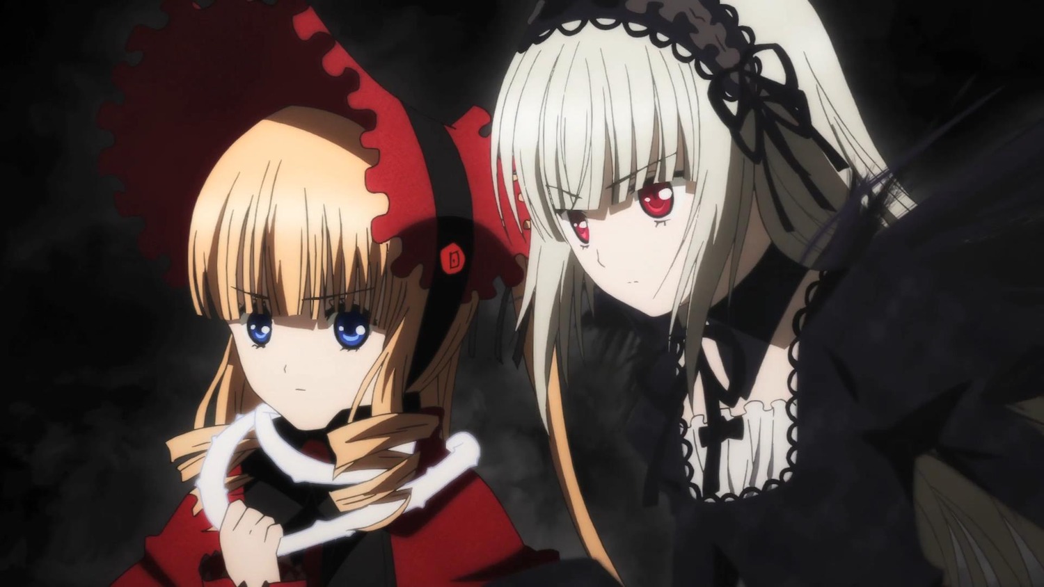 2girls blonde_hair blue_eyes bow dress drill_hair flower hairband image long_hair long_sleeves multiple_girls pair red_eyes rose shinku silver_hair suigintou umbrella