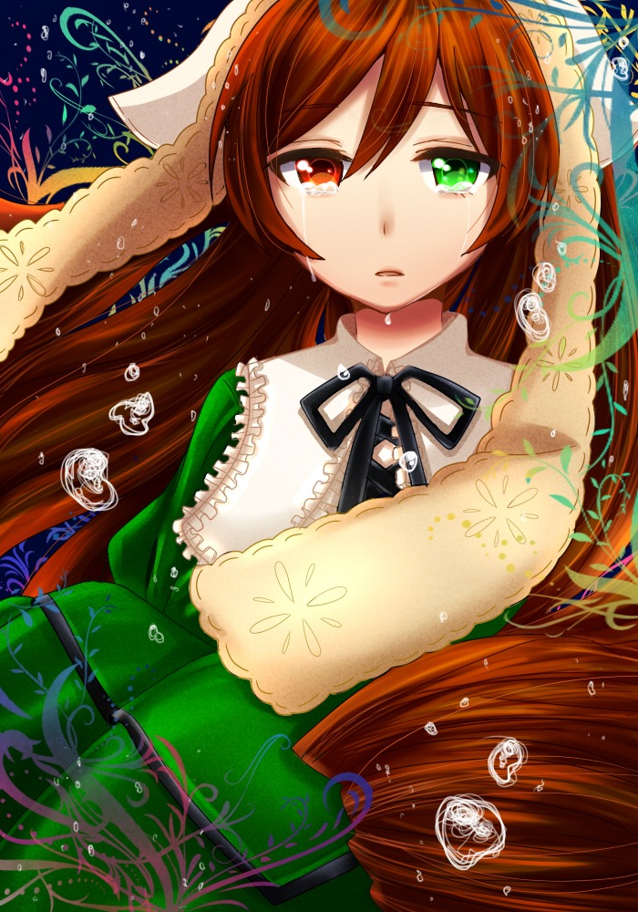 1girl black_ribbon brown_hair crying crying_with_eyes_open dress green_dress green_eyes head_scarf heterochromia image long_hair long_sleeves red_eyes ribbon sad solo suiseiseki tears very_long_hair