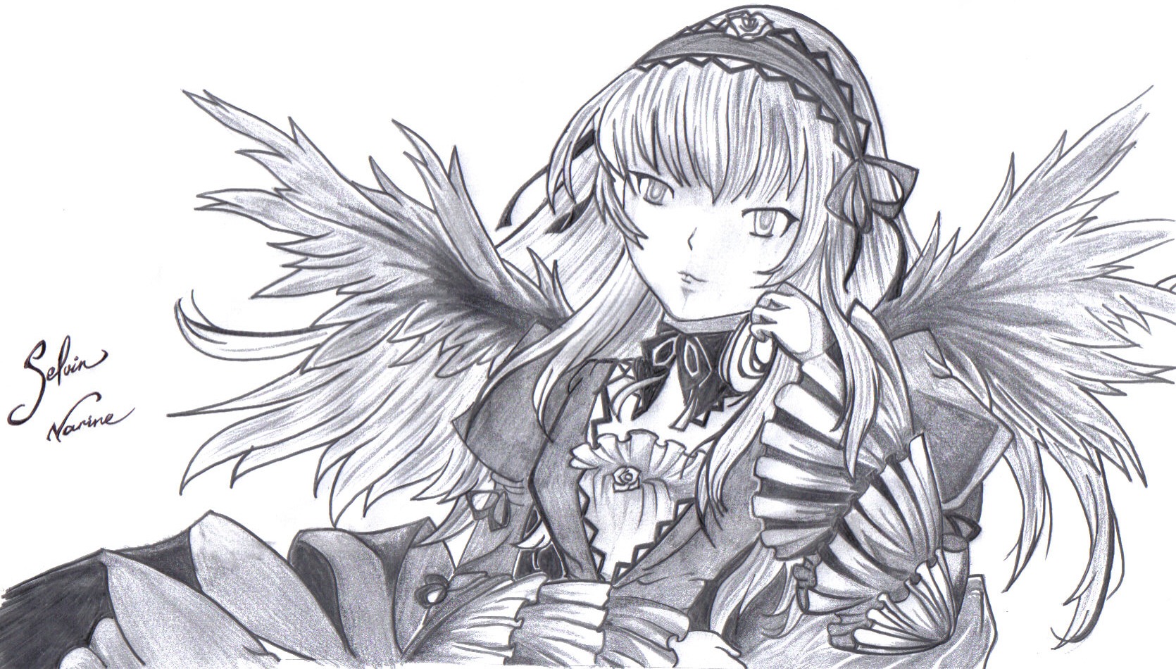 1girl black_wings dated dress feathered_wings flower frills greyscale hairband image long_hair long_sleeves looking_at_viewer monochrome ribbon rose signature simple_background solo suigintou traditional_media upper_body white_background wings